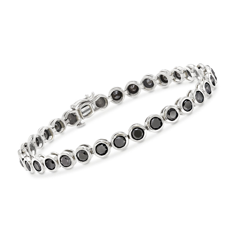 Bezel-set black diamond tennis bracelet with round stones in 14kt white gold