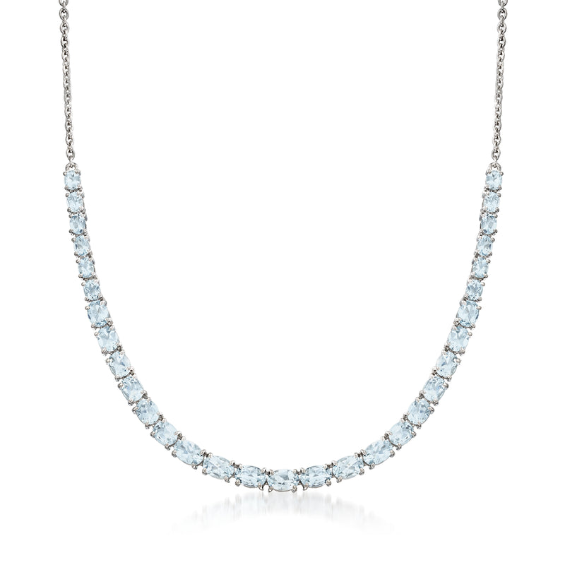 Sterling silver aquamarine tennis necklace with graduated light-blue oval stones
