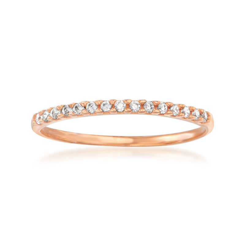 14kt rose gold CZ ring with round stones across the band