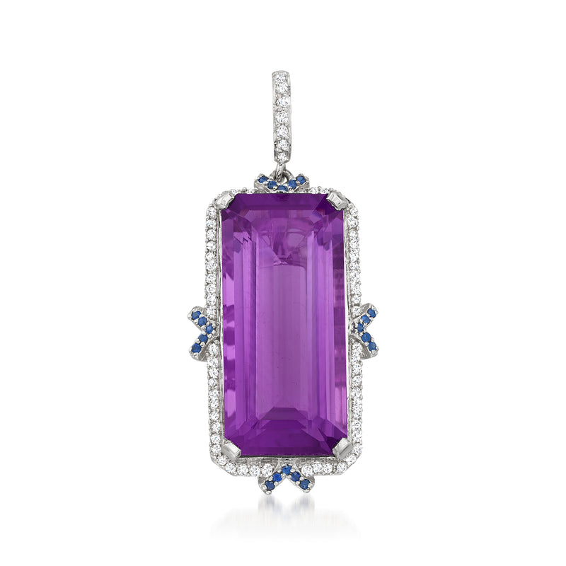 Amethyst gemstone pendant in white gold with diamond halo and blue sapphire accents