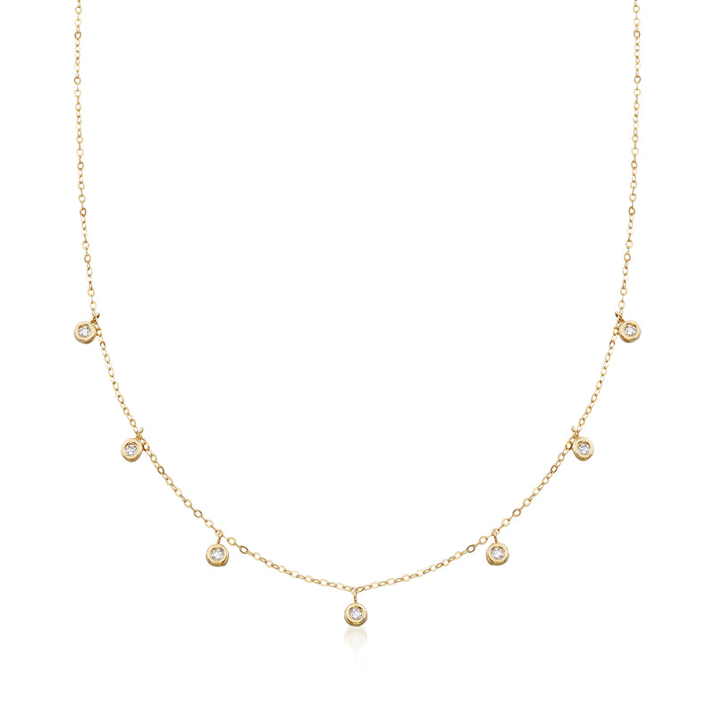14kt yellow gold station drop necklace with small round CZ bezel-set stones