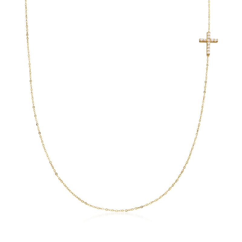 14kt yellow gold CZ sideways cross station necklace with thin chain