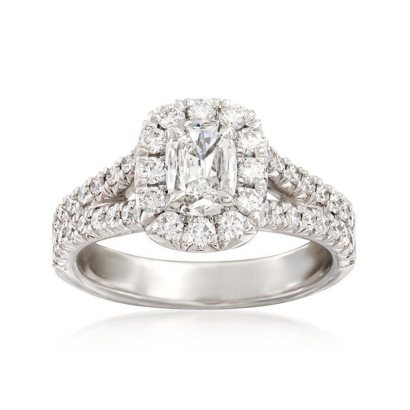 18kt white gold diamond halo engagement ring with a central square-cut diamond