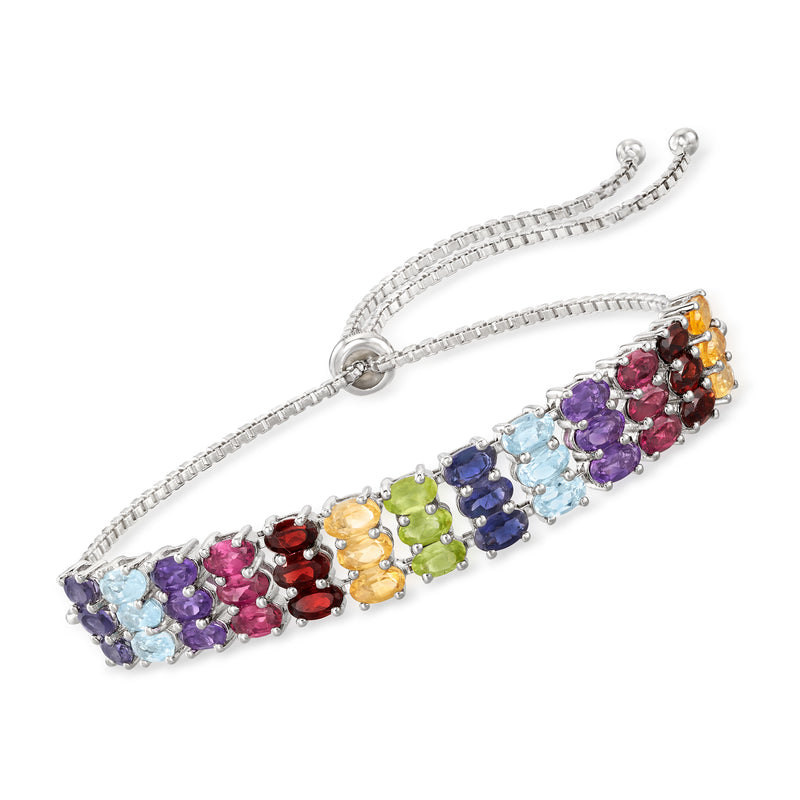 Sterling silver bolo bracelet with multicolor gemstones and slider clasp