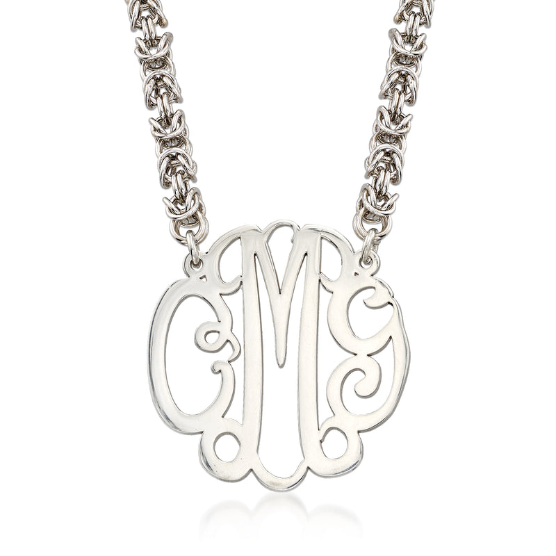Sterling silver monogram necklace with rolled Byzantine-style pendant and chain