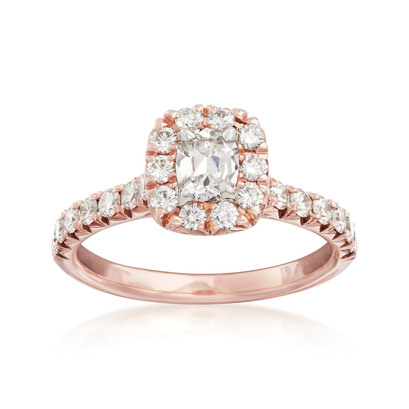 Rose gold diamond halo engagement ring with square center stone and side clusters