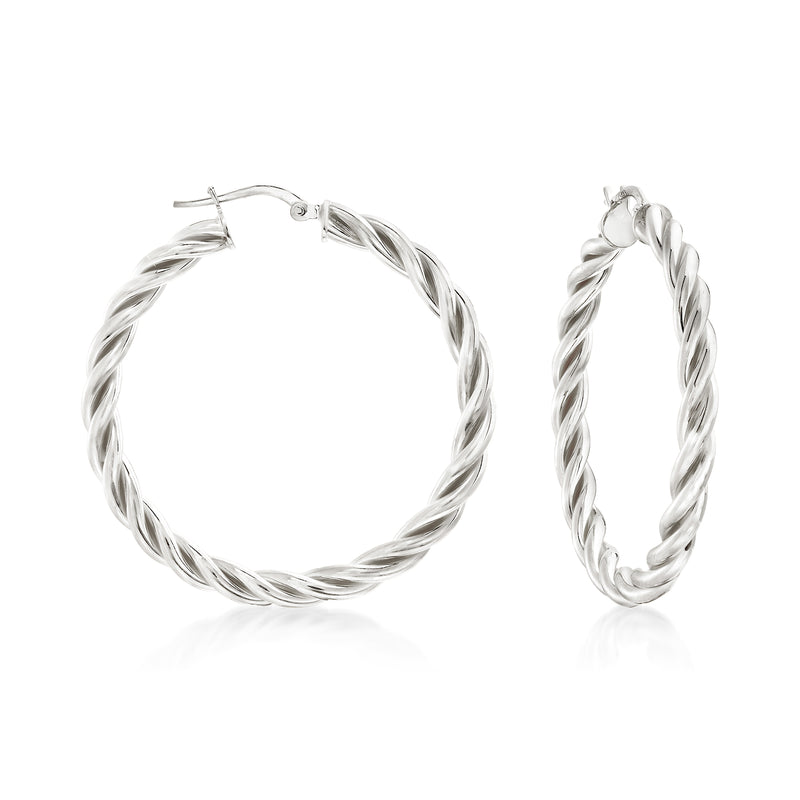 Twisted sterling silver hoop earrings with twisted rope detail, round hoop