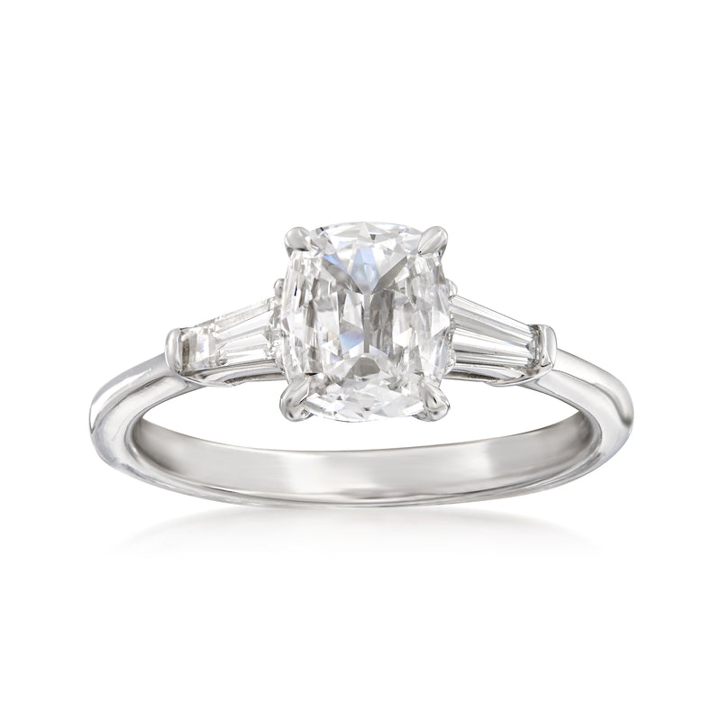 18kt white gold diamond engagement ring with large emerald-cut center stone and baguette sides
