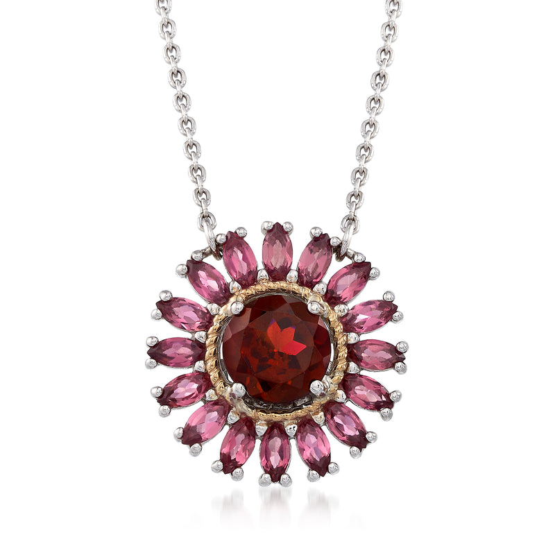 Pink tourmaline starburst pendant necklace with red center, sterling chain, gold accents