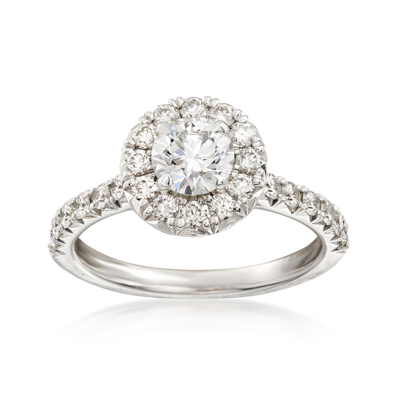 18kt white gold diamond engagement ring with round center stone, halo, side stones