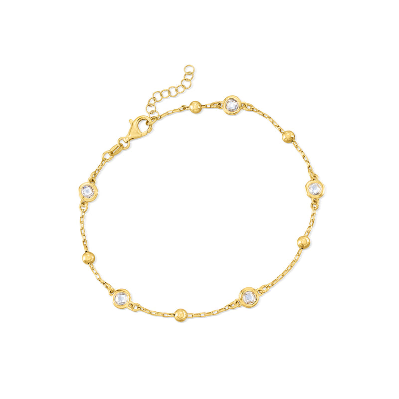 Gold-tone CZ station anklet with small link chain and round bezel-set stones