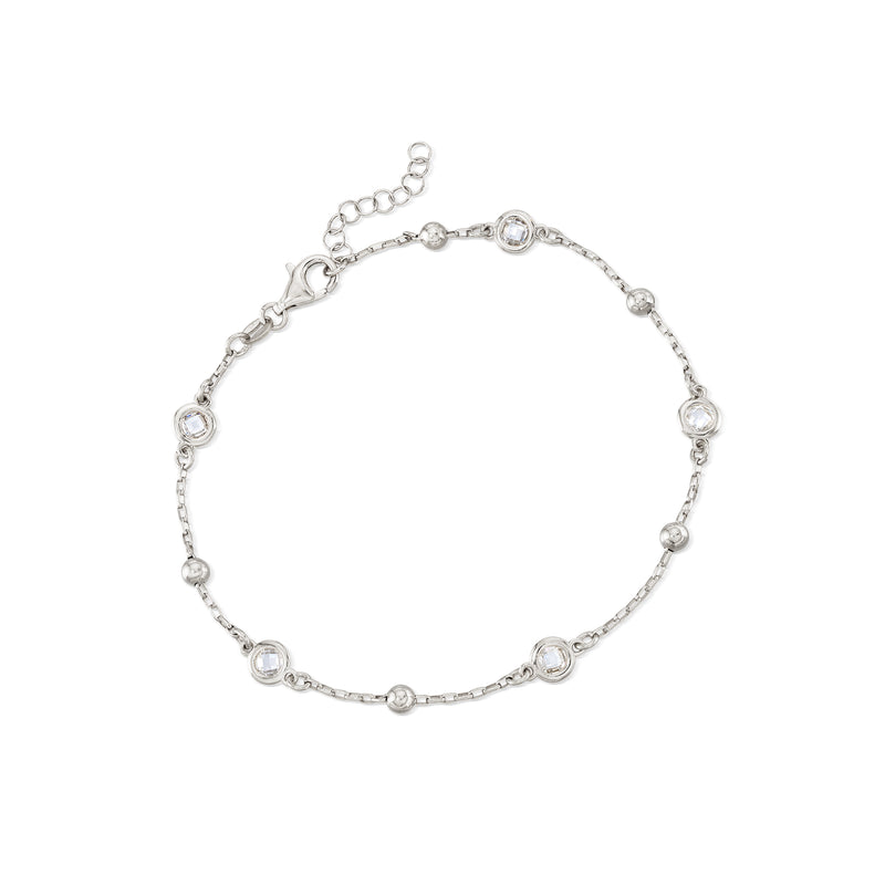 Sterling silver CZ station anklet with small bezel-set round stones
