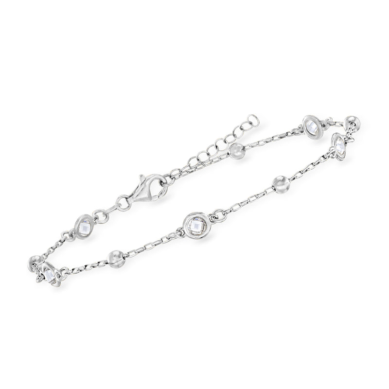 Sterling silver CZ station anklet with linked extender and round bezel stones