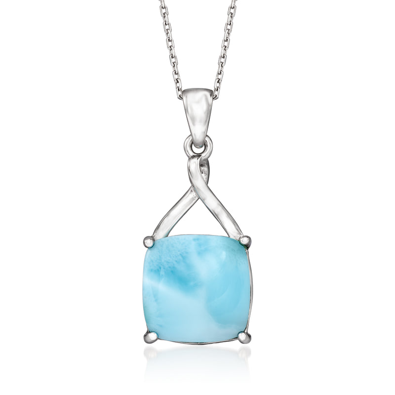 Larimar cabochon pendant necklace in sterling silver with light blue teardrop stone