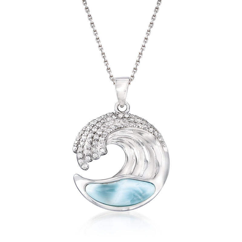 Sterling silver wave pendant necklace with larimar and CZ accents
