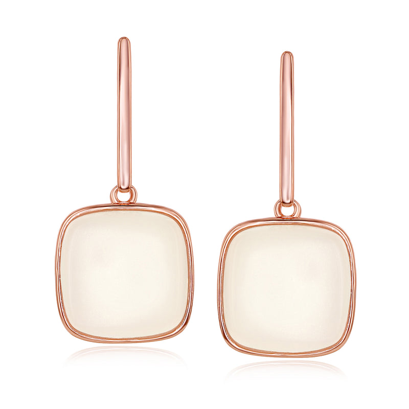 Rose gold drop earrings with square cabochon moonstone in bezel settings