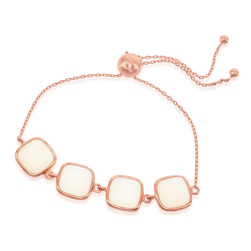 Rose gold bolo bracelet with square moonstone cabochons and adjustable cord ends