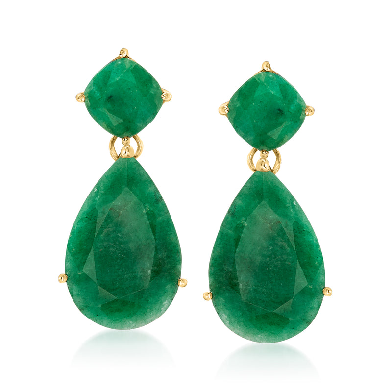 Emerald drop earrings with emerald-green pear-shaped stones in gold-tone settings