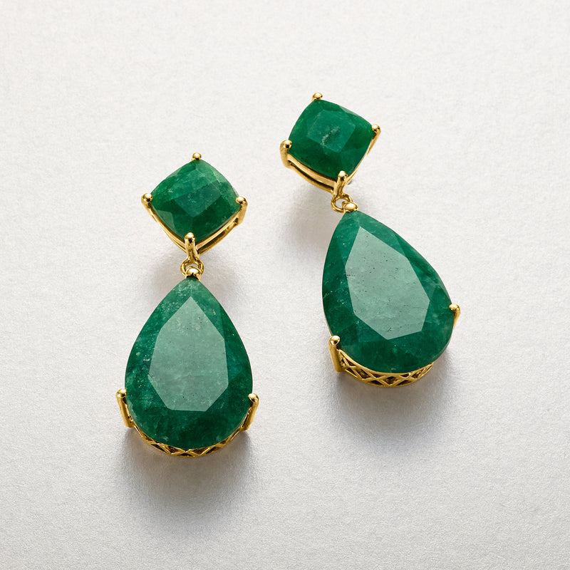 Emerald drop earrings with emerald-green square tops and pear-shaped drops, gold-tone