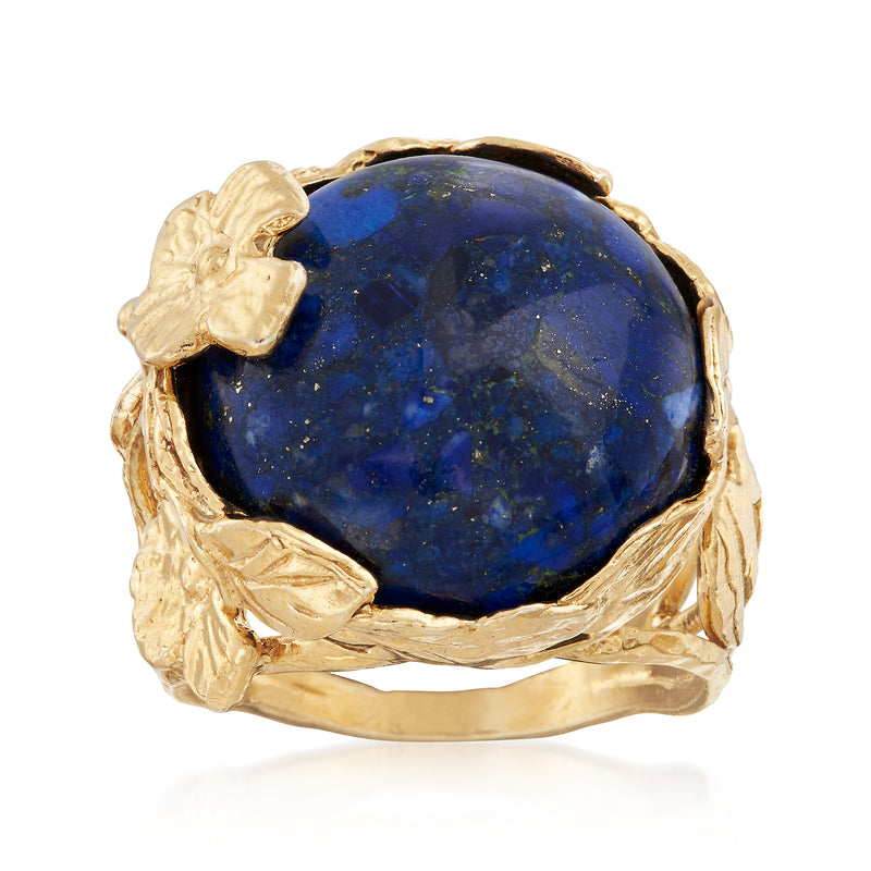 Floral lapis cabochon ring with round blue stone and 18kt gold over sterling band
