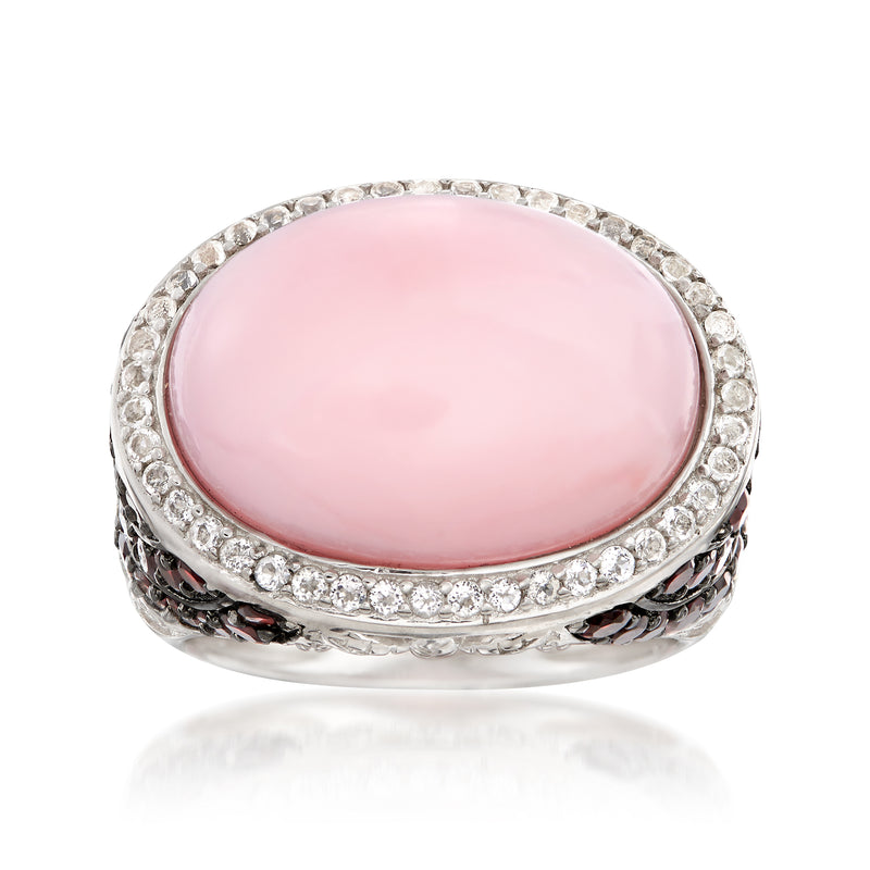 Sterling silver oval pink opal ring with white gemstone halo and side details