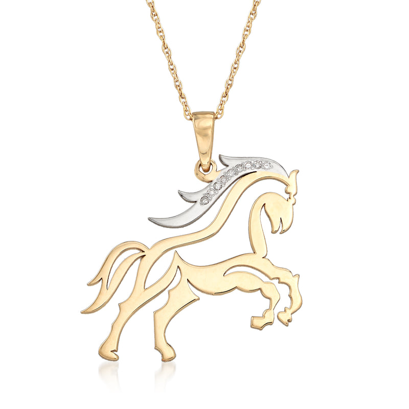 Two-tone gold horse pendant necklace with diamond accents, linked chain and clasp bail