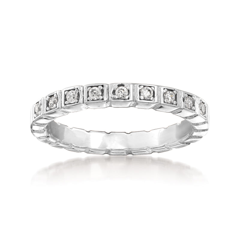 Sterling silver CZ squared ring with rectangular bezel stones, bright clear shine