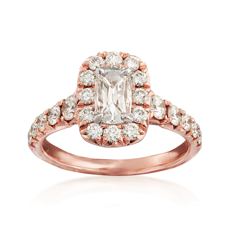 Rose gold diamond engagement ring with radiant center stone and halo of side diamonds