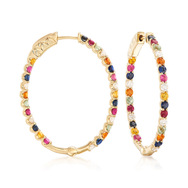 Gold inside-out hoop earrings with multicolor stones and diamond accents