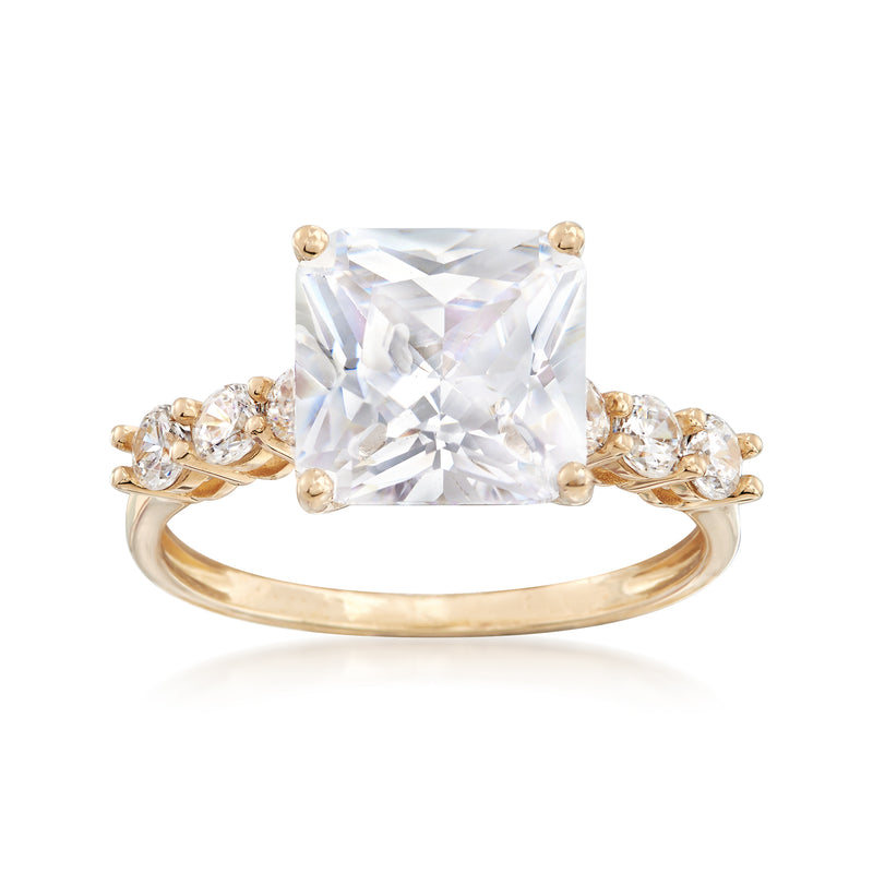 14kt yellow gold CZ ring, princess-cut center with round side stones