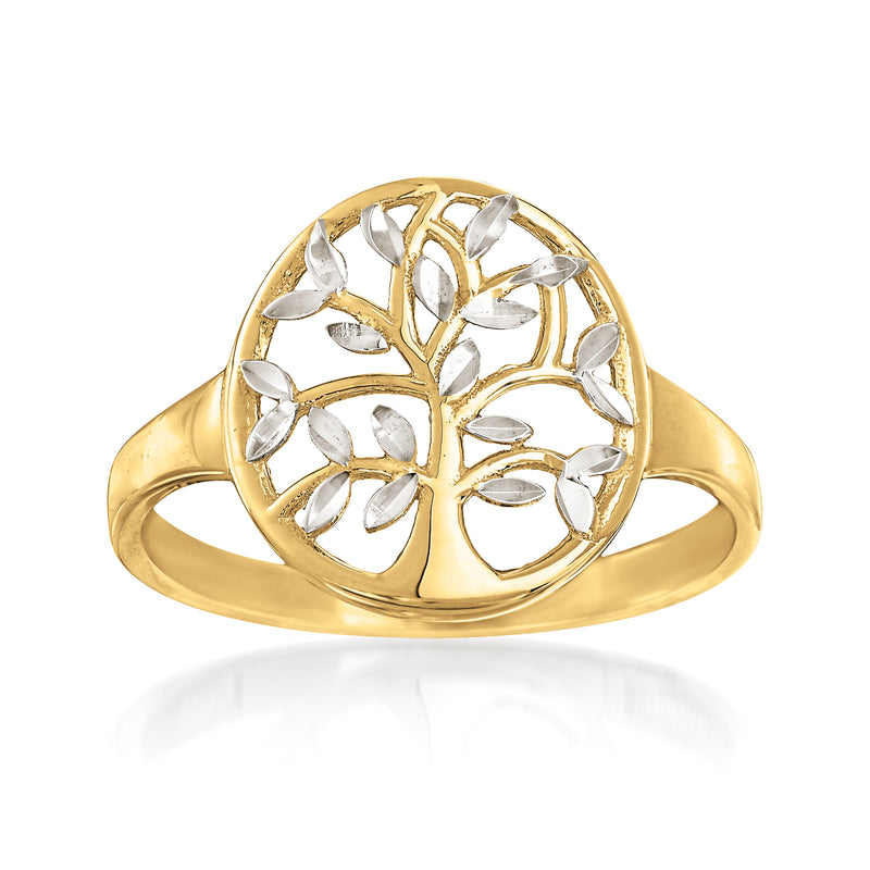 Two-tone 14kt gold ring with cut-out Tree of Life motif and white accents
