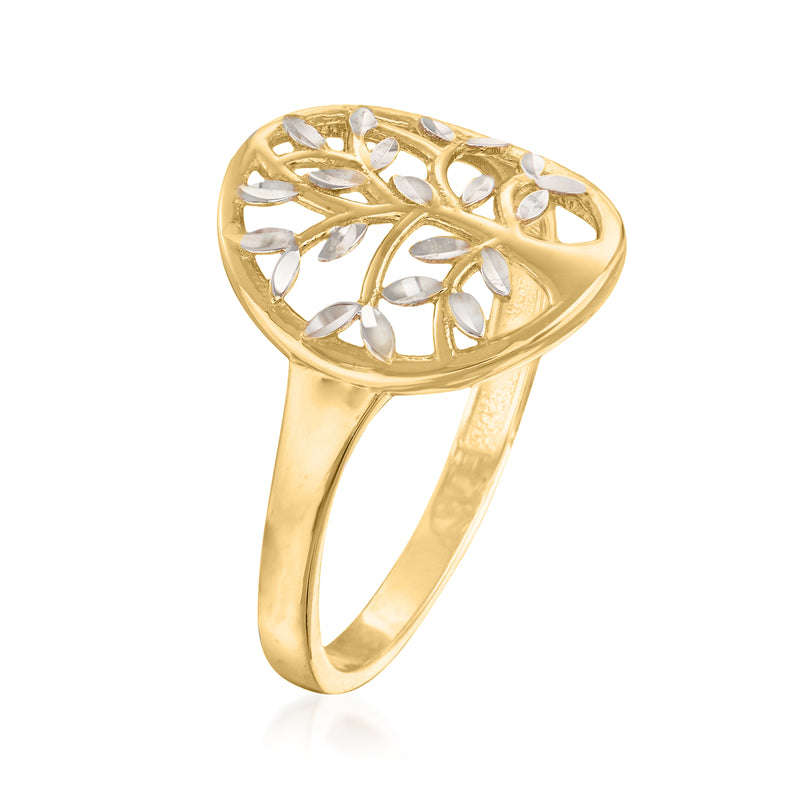 Two-tone gold ring featuring an oval Tree of Life cut-out with white insets
