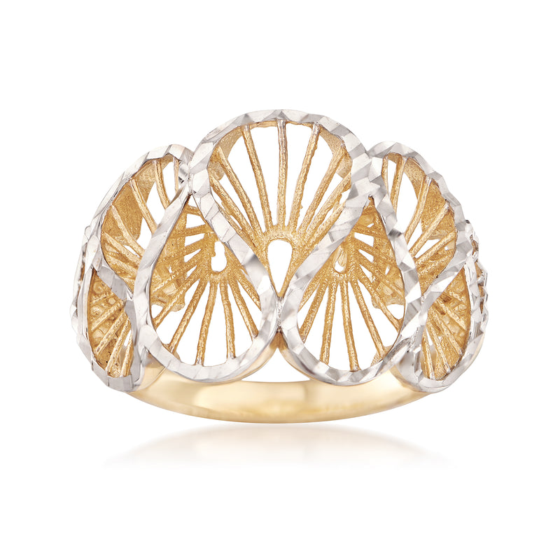 Two-tone gold swirl ring in 14kt yellow and white gold, textured wave band