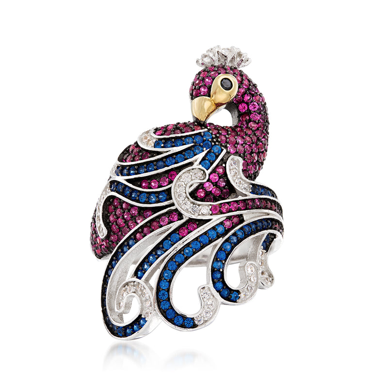Peacock ring in sterling silver with pink and blue CZ stones