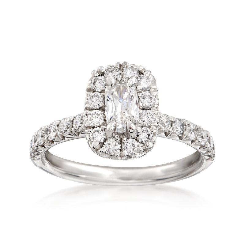 18kt white gold diamond halo engagement ring with central oval-cut stone and side diamonds