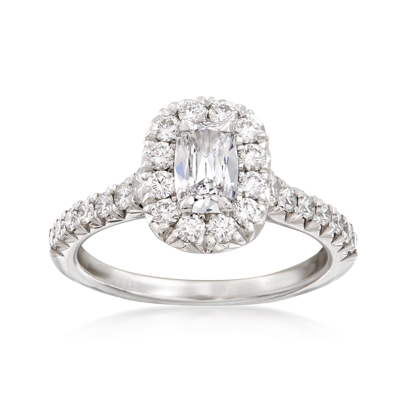 Diamond halo engagement ring in 18k white gold with square-cut center stone
