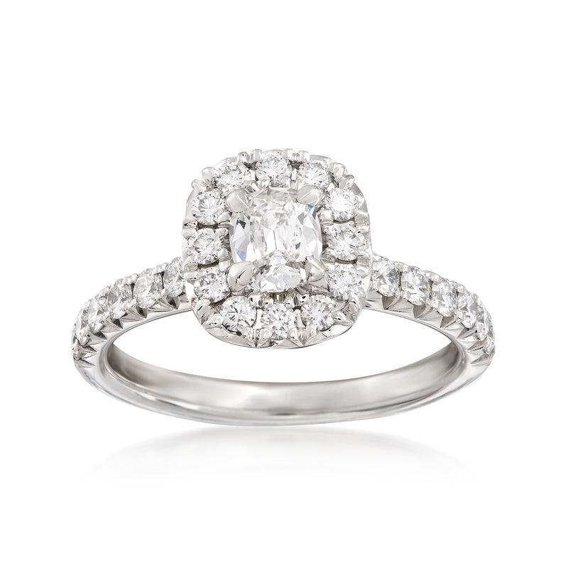 Henri Daussi diamond halo engagement ring in 18kt white gold with cushion center stone