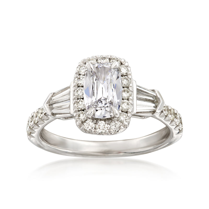 18k white gold diamond halo engagement ring with emerald-cut center and baguette sides