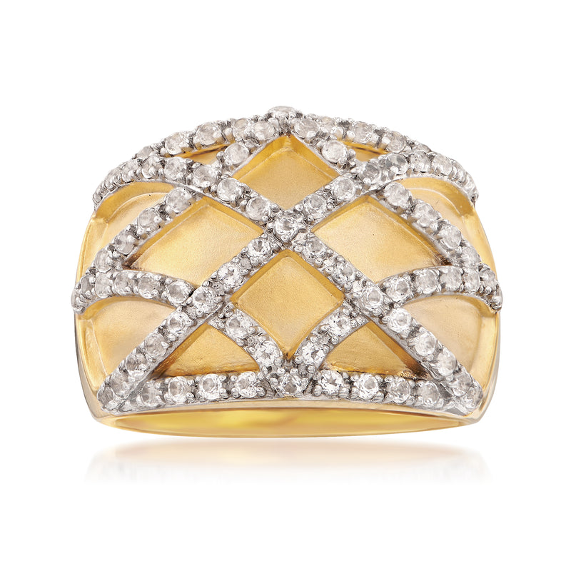 Gold over sterling crisscross ring with clear stones, oval center highlights
