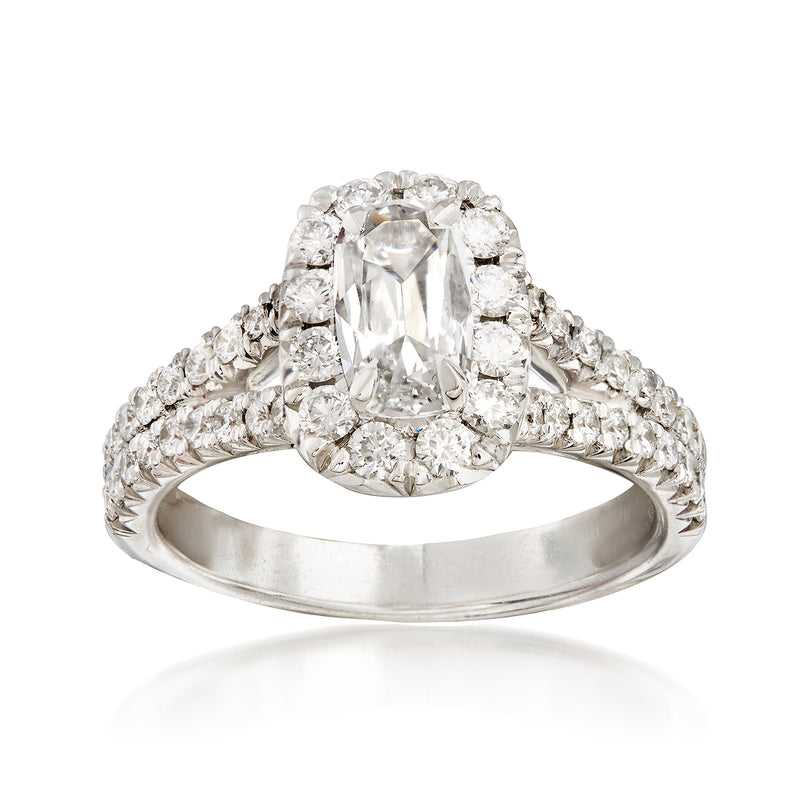 18kt white gold diamond engagement ring with square halo and prong-set center stone