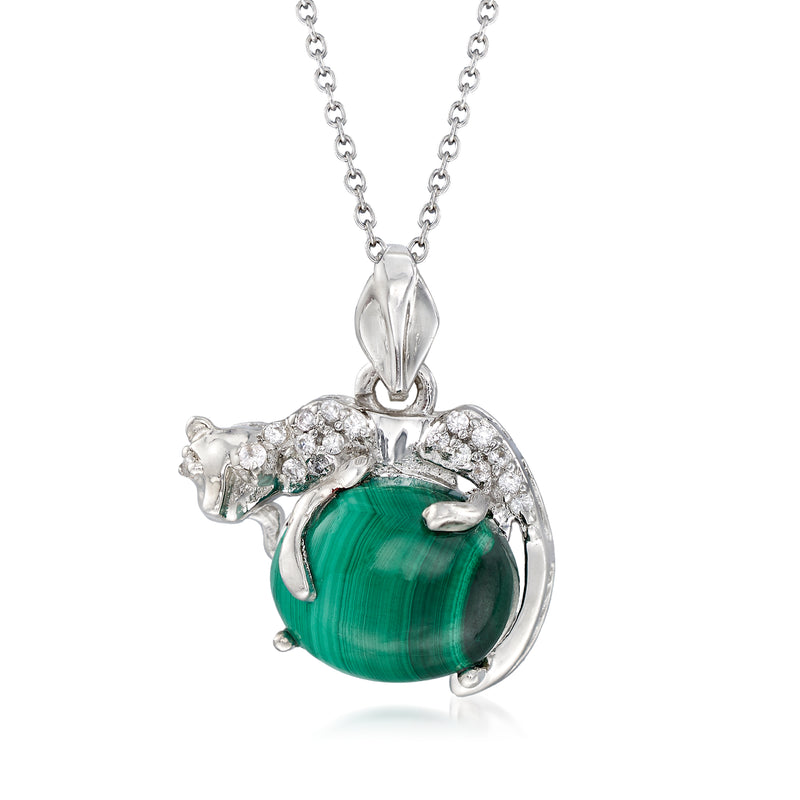 Sterling silver panther pendant necklace with malachite cabochon and white zircon accents