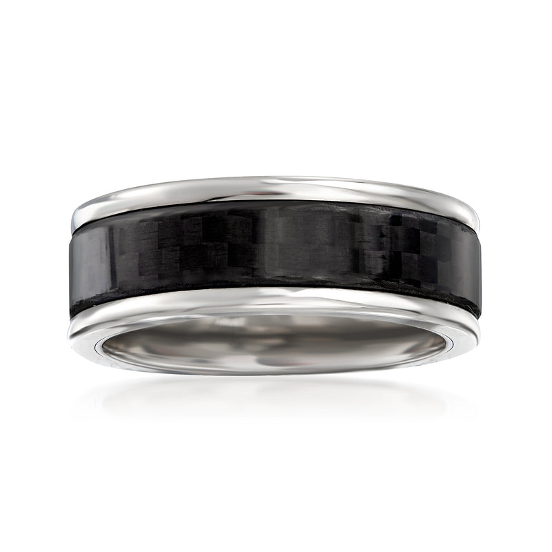 Men's 8mm tungsten carbide wedding ring with black center band and polished silver edges