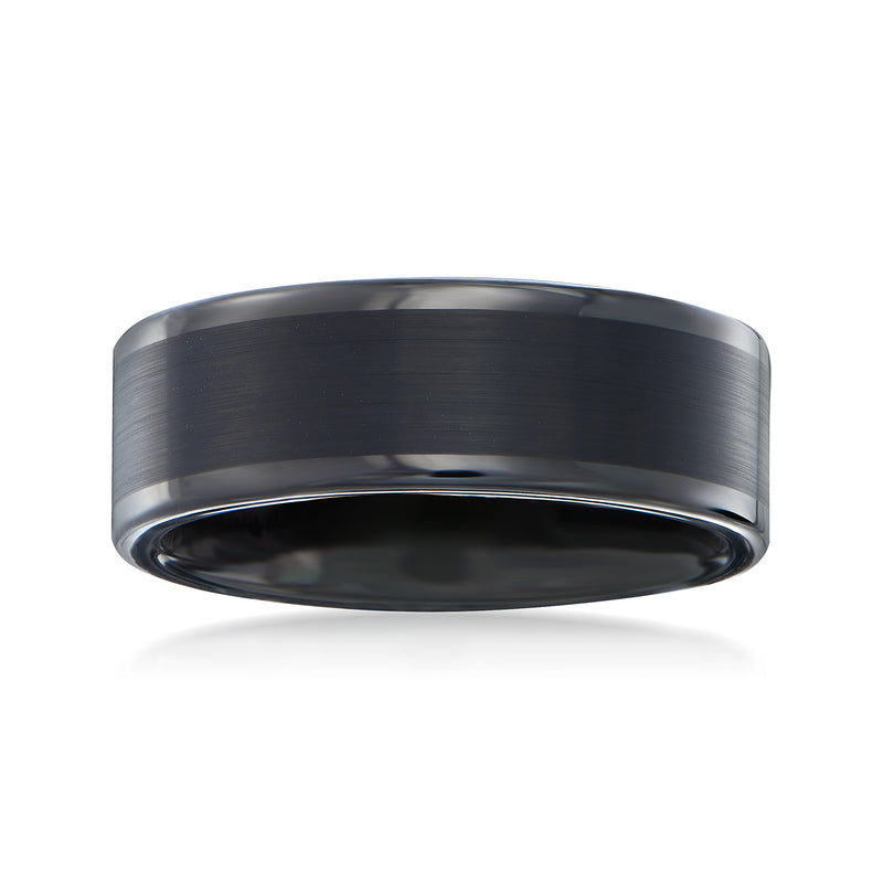 Men's black tungsten carbide wedding band with satin finish and polished inner edge