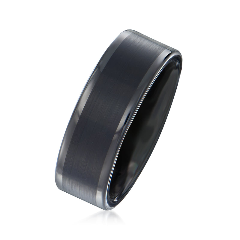 8mm black tungsten carbide wedding band with brushed exterior and glossy inner rim