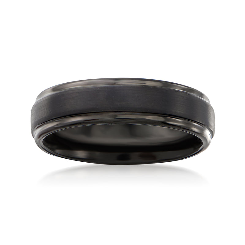 Men's 6mm black tungsten carbide wedding ring, smooth dark finish with rounded edges