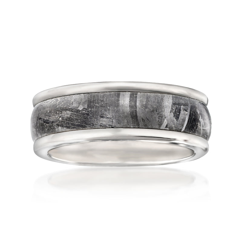 Men's tungsten carbide wedding ring with meteorite center, polished silver band