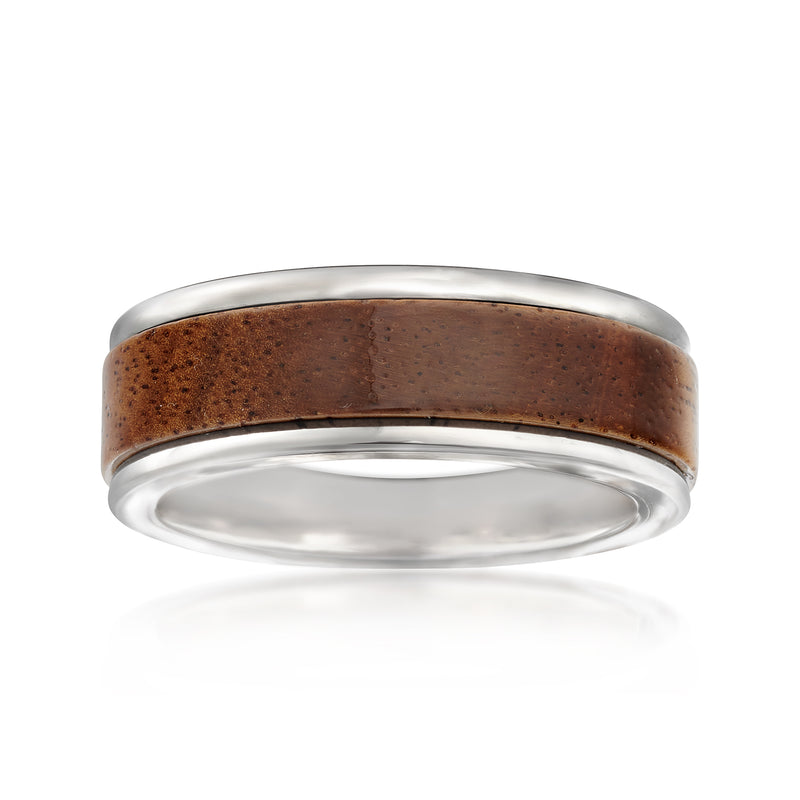 Men's wedding ring with silver-tone tungsten band and dark wood center inlay