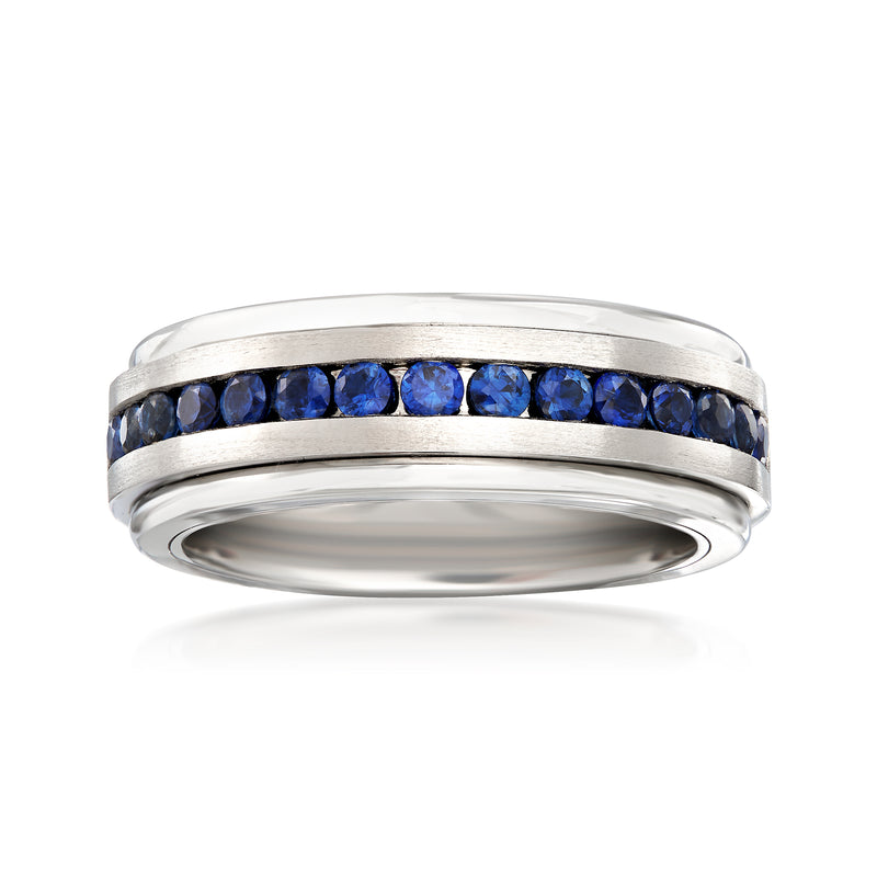 Tungsten carbide wedding band with blue sapphire channel set stones, flat top