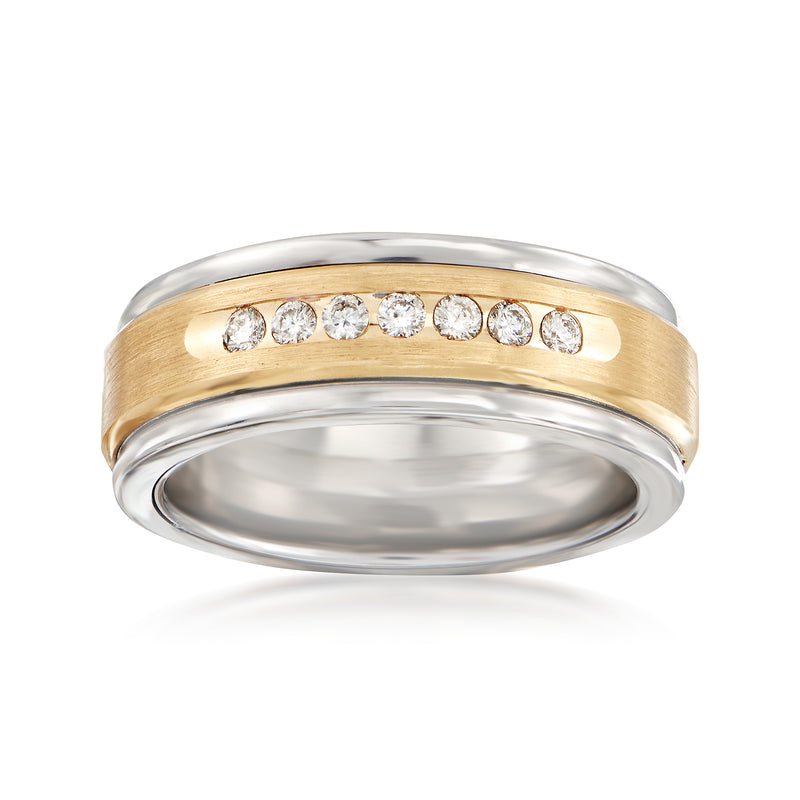 Men's 14kt yellow gold and tungsten carbide wedding ring with round diamond inlay
