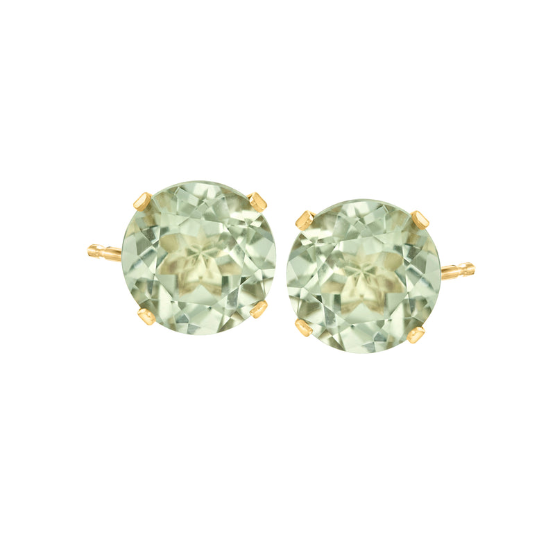 Prasiolite stud earrings in 14kt yellow gold with round light-green gemstones